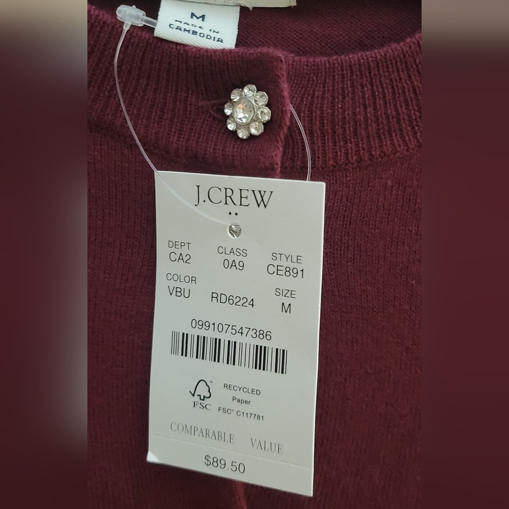 J. Crew Maroon Cardigan Sweater With Rhinestone Buttons - Picture 2 of 3